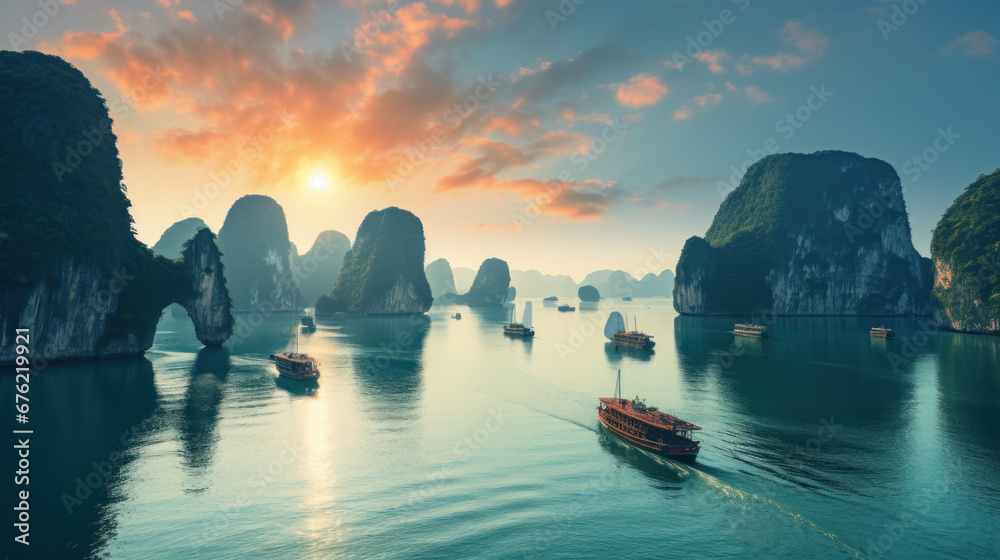 Ha Long Bay Vietnam beautiful sunset landmark - obrazy, fototapety, plakaty 