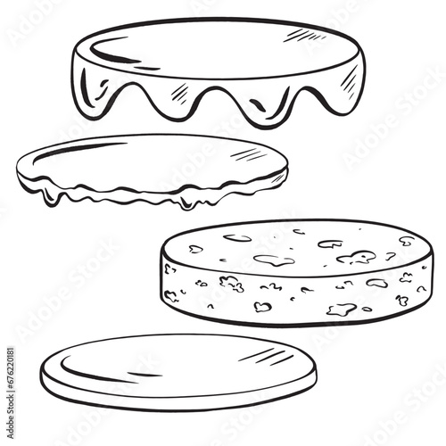 Hand-drawn vector. Build your own custom-designed delicious cake. Tender sponge layers, flavorful cream fillings, gently cascading with alluring glaze. for creating unique cards and invitations