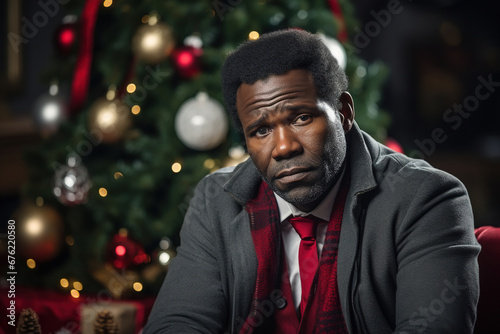 Lonely upset adult African American man celebrating Xmas alone at home. Portrait of sad man sitting at home against background of decorated Christmas tree and looking at camera, unsuccessful holiday
