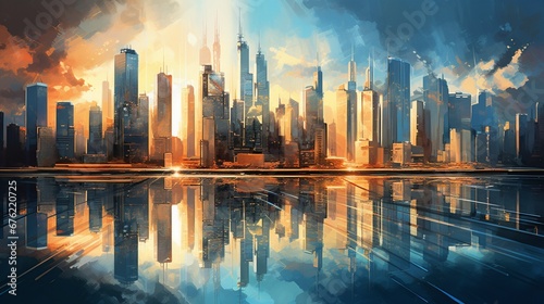 The city's skyline is an enchanting tapestry of steel and glass, where skyscrapers stand tall, their reflections dancing on the tranquil waters below