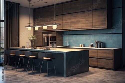 AI generation. Sleek and modern, the dark kitchen exudes industrial flair and © Ламина Акулова