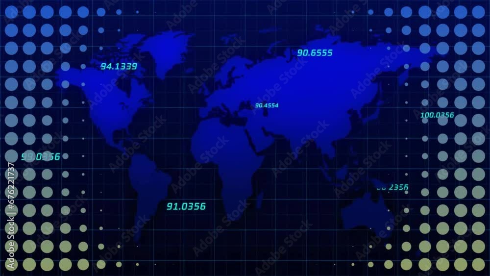 Animation of circles, numbers and map over abstract background