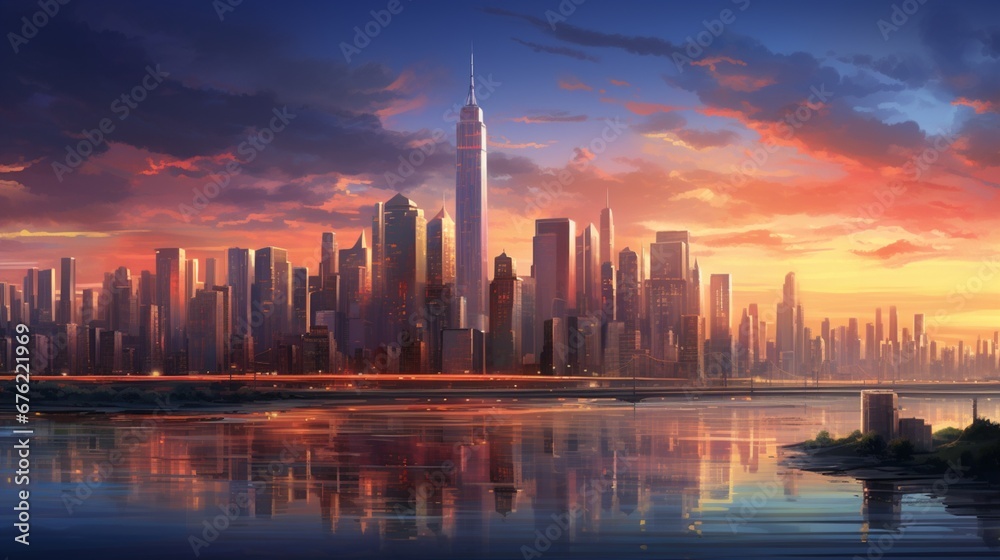 The metropolis awakens, with skyscrapers bathed in the soft glow of dawn, casting elongated shadows that gracefully dance across the urban landscape
