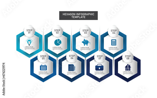 Infographic hexagon 8 steps or options to success. Workflow to success
