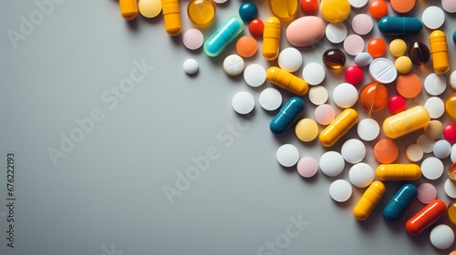 Pills arranged neatly on a white background, isolated from any distractions photo