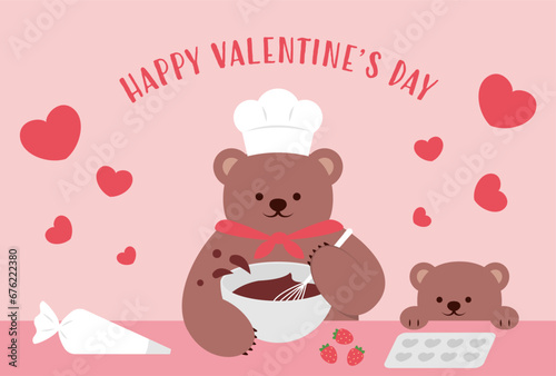 vector background with a teddy bear chef making sweets for valentine's day banners, cards, flyers, social media wallpapers, etc.