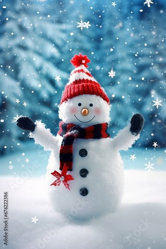 Christmas scene with a cute snowman. Snow is blowing. Tree in background. © Dragan