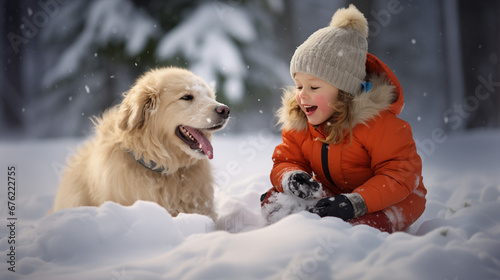 楽しい雪の日：子供と犬のアクション｜Playful Snow Day: Child and Dog in Action Generative AI