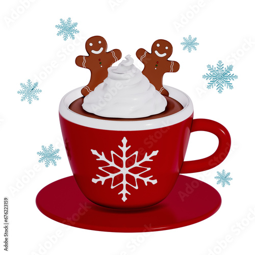 Christmas Dessert 3D , Hot chocolate with Christmas gingerbread cookies and a cinnamon stick in a red mug with a snowflake on Transparent background . 3D Rendering