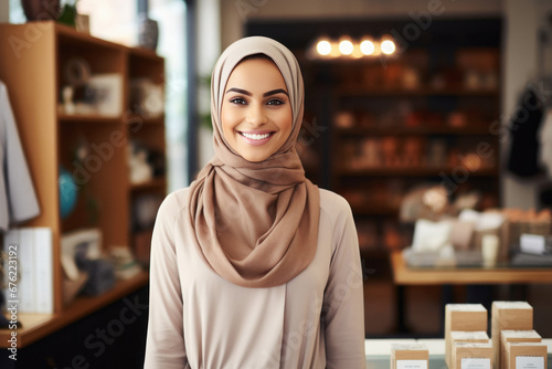young muslim woman standing at shop photo