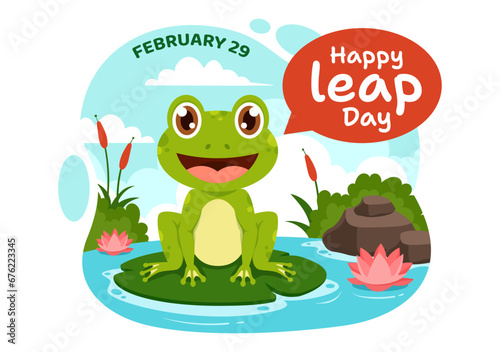 Happy Leap Day Vector Illustration on 29 February with Jumping Frogs and Pond Background in Holiday Celebration Flat Cartoon Design