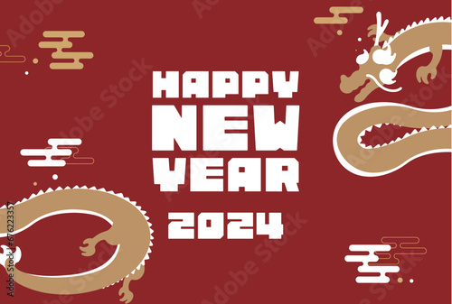 シンプルな竜で飾られた辰年の2024年度版横向き年賀状テンプレート（赤）　2024 horizontal happy new year's card template decorated with a simple dragon (red)