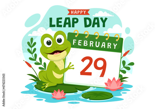 Happy Leap Day Vector Illustration on 29 February with Jumping Frogs and Pond Background in Holiday Celebration Flat Cartoon Design