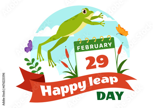 Happy Leap Day Vector Illustration on 29 February with Jumping Frogs and Pond Background in Holiday Celebration Flat Cartoon Design photo
