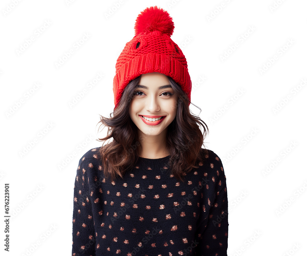 Portrait of smiling beauty women wearing christmas knit pattern and hat custome