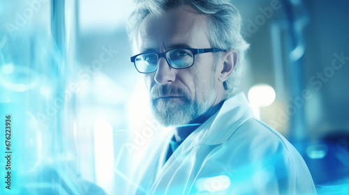 scientist looking virtual screen at lab