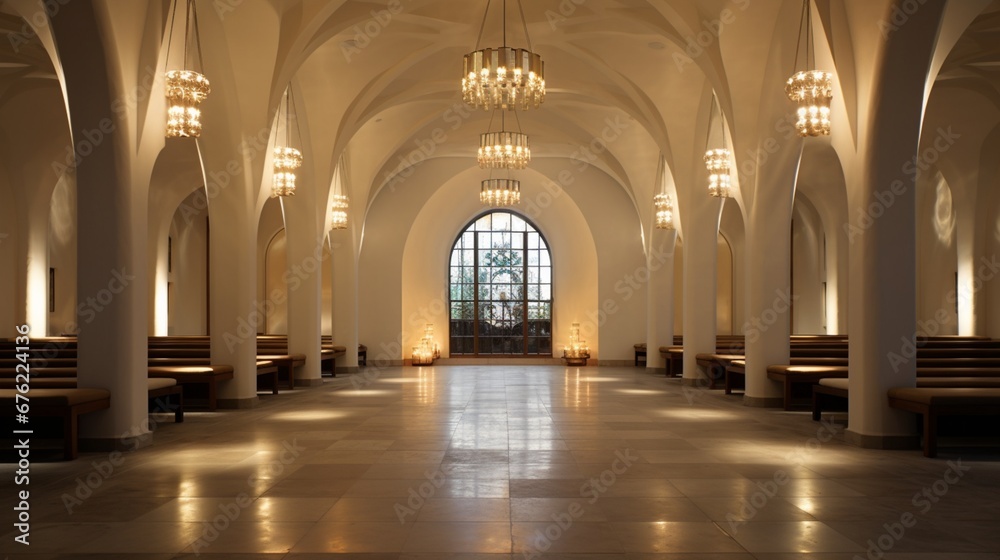 The tranquil interior, where the soft glow of chandeliers illuminates the polished stone floors and ancient pews