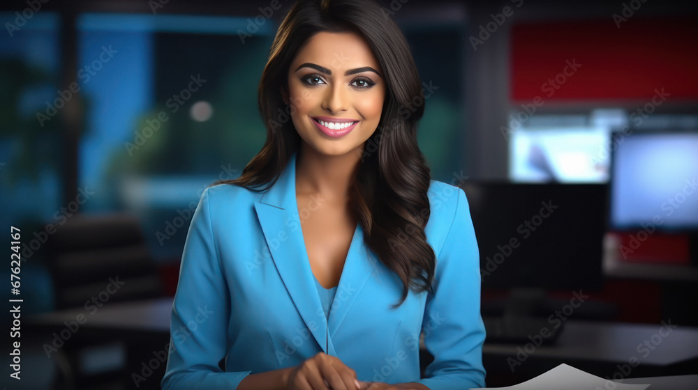 young woman news anchor - obrazy, fototapety, plakaty 