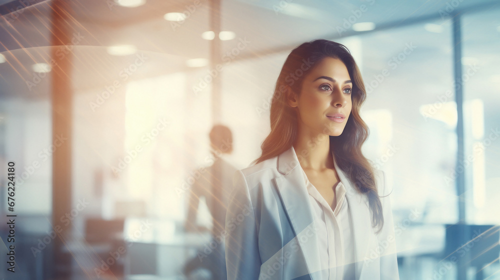 young businesswoman working on double exposure