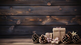 Wooden background with pine cones, colorful gift boxes with Christmas decorations. Lettering space.