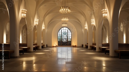 The tranquil interior  where the soft glow of chandeliers illuminates the polished stone floors and ancient pews