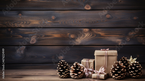 Wooden background with pine cones, colorful gift boxes with Christmas decorations. Lettering space.