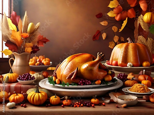 Thanksgiving concept photo that is realistic and has an artificial intelligence-generated background. (ID: 676224182)