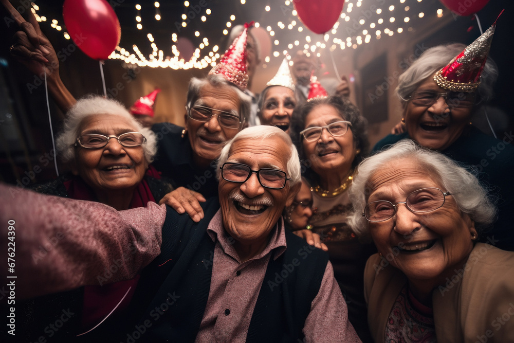 indian elderly people taking group selfie