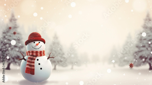 Snowman background with snow and Christmas tree in warm colors. Lettering space.