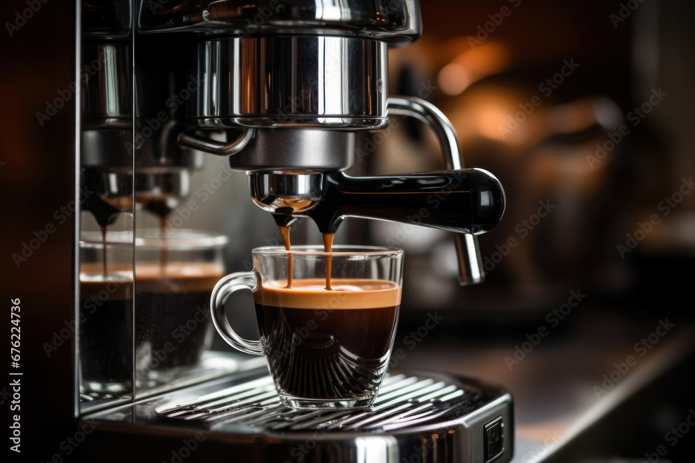 Photo of a coffee machine with freshly brewed cups of coffee - obrazy, fototapety, plakaty 