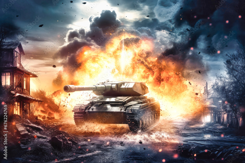 War Concept. Tank attack on the city. Hostilities. A tank against the background of fire, smoke, explosions and a destroyed house. Battle in ruined city. Selective focus. War Concept. Tank attack on the city. Hostilities. A tank against the background of fire, smoke, explosions and a destroyed house. Battle in ruined city. Selective focus.
