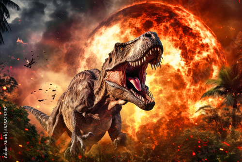 Tyrannosaurus T-rex  dinosaur on smoke and fire background. Dinosaur in the ancient jungle. Primordial monster.