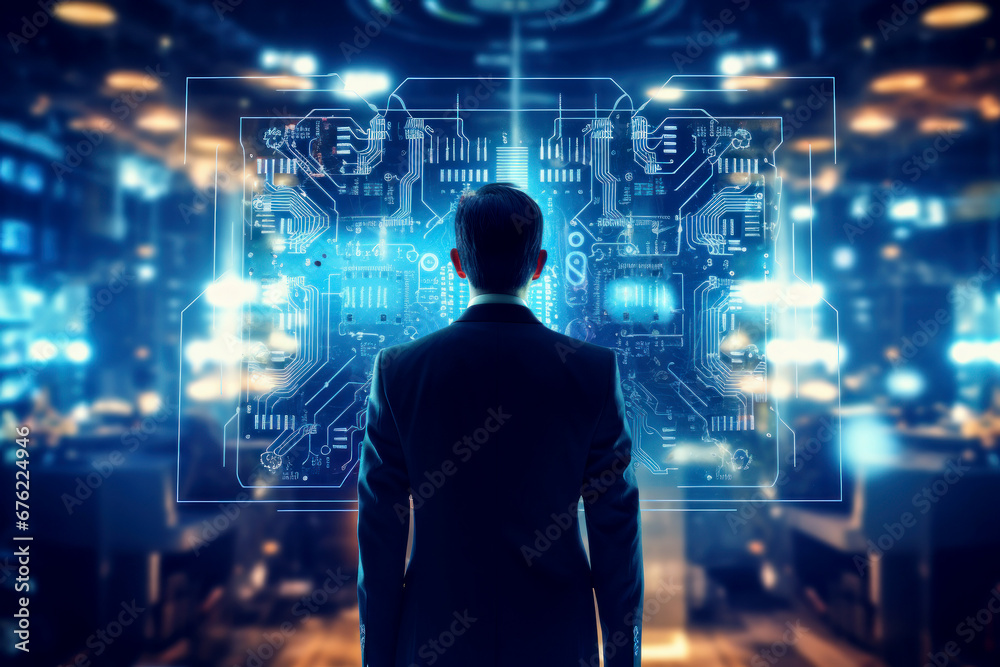 A man in a suit standing in front of a cityscape. Business in a modern big city. Infographics. A man in a suit standing in front of a cityscape. Business in a modern big city. Infographics.