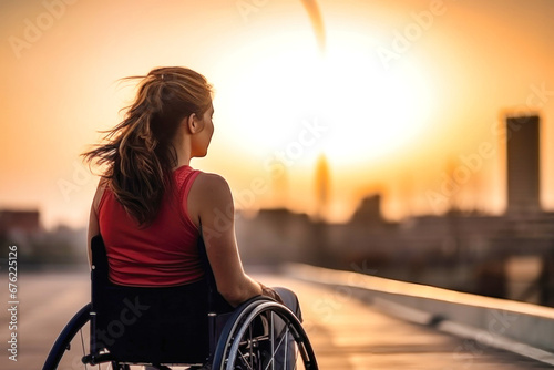 A woman in a wheel chair on the street. Young disabled woman in the city on a walk at sunset