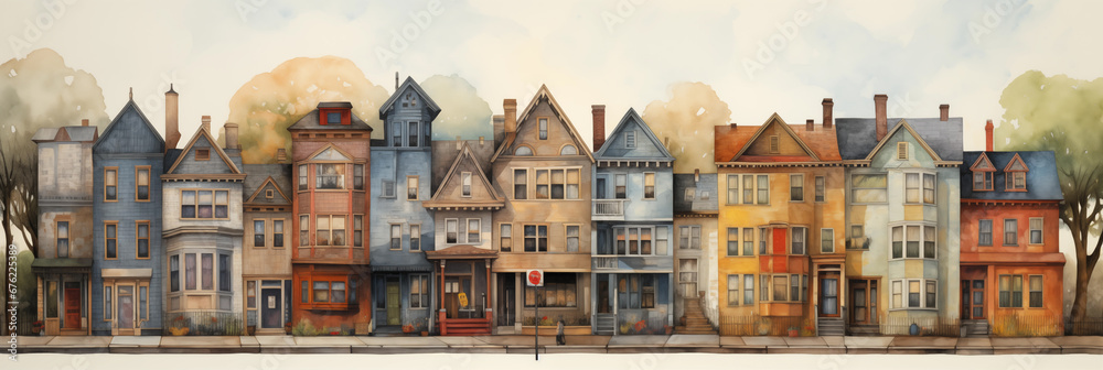 Watercolor Street Illustration with Diverse Narrow Terraced Houses