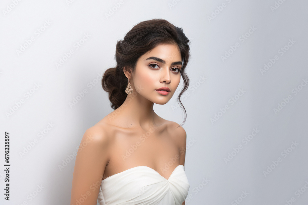 Beautiful woman wearing white dress and earring Beautiful woman wearing white dress and earring
