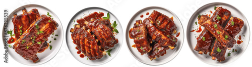 BBQ ribs with BBQ sauce presented on a plate, top view photo