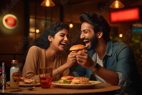 Indian couple enjoying burger and pizza at restaurant