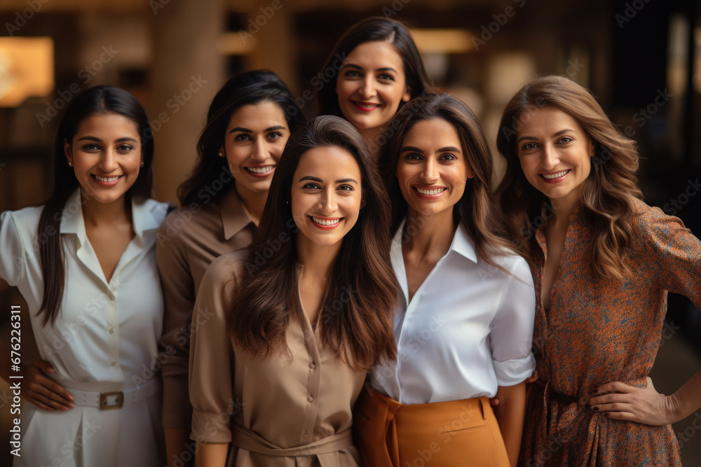 Young businesswomen group standing and giving happy expression. - obrazy, fototapety, plakaty 