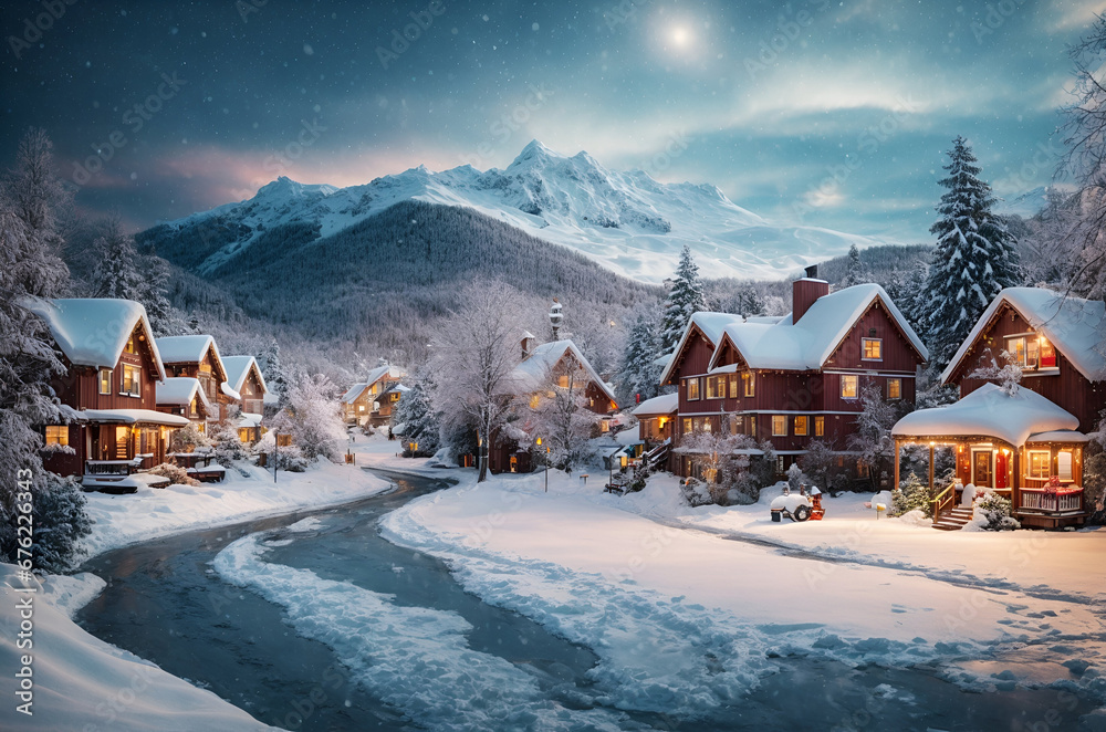 the village covered in snow - obrazy, fototapety, plakaty 