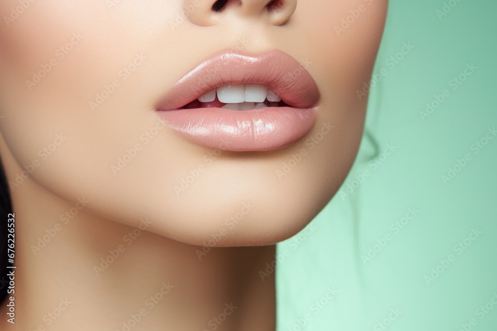 Young woman with beautiful sensual lips on light green background Young woman with beautiful sensual lips on light green background