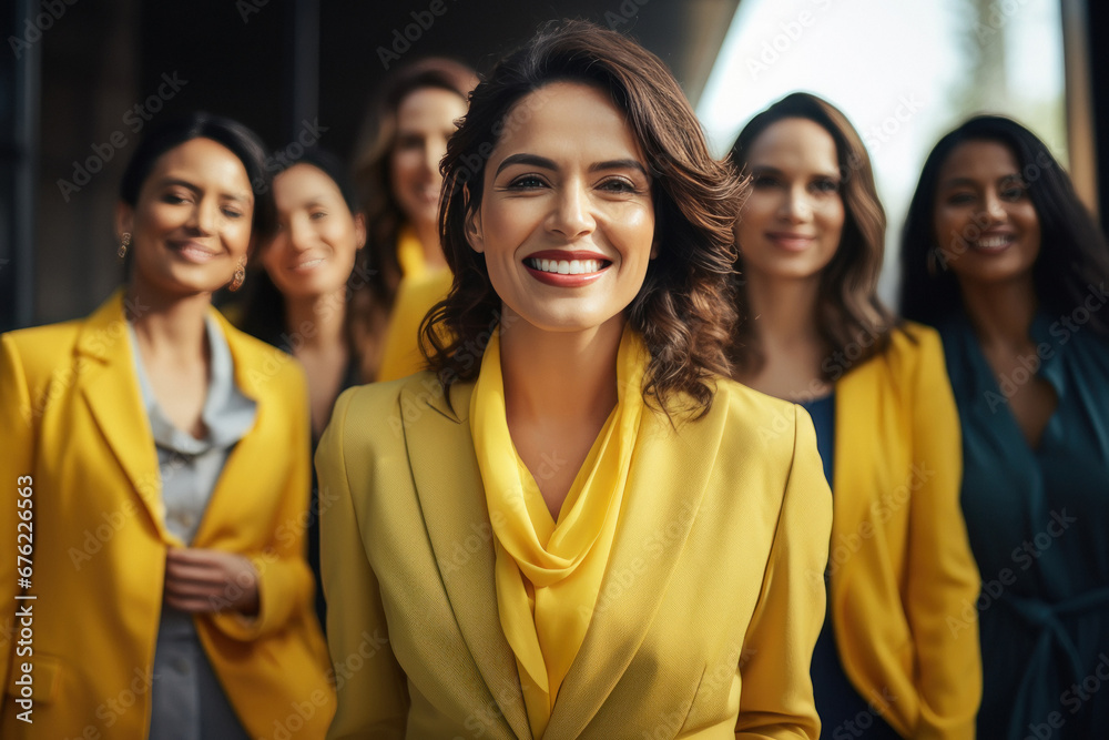Young businesswomen group standing together at office Young businesswomen group standing together at office