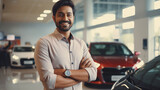 young indian man standing at car showroom