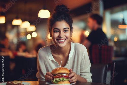 Indian college girl eating burger photo