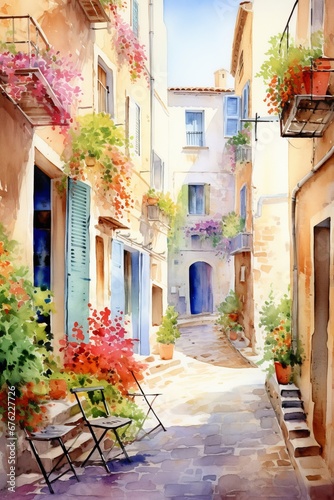 Watercolor Provence streets with windows and houses