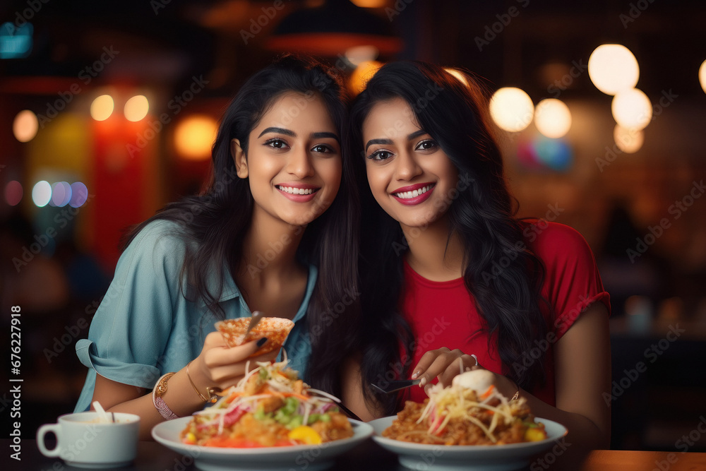Two indian woman enjoying dinner at restaurant.