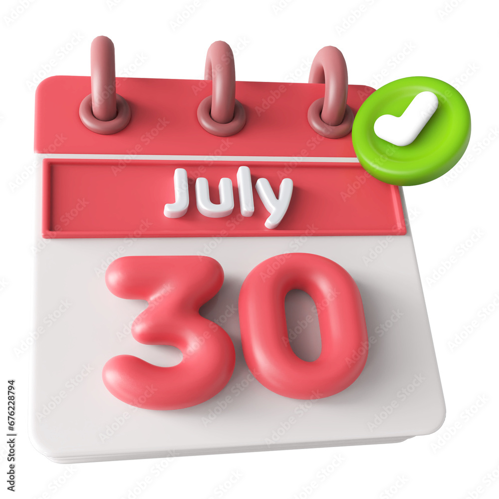 July 30th Calendar 3D Render With Check Mark Icon July 30th Calendar 3D Render With Check Mark Icon
