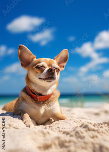 Cute Chihuahua sitting on sandy beach enjoying the sun. Created with Generative AI technology