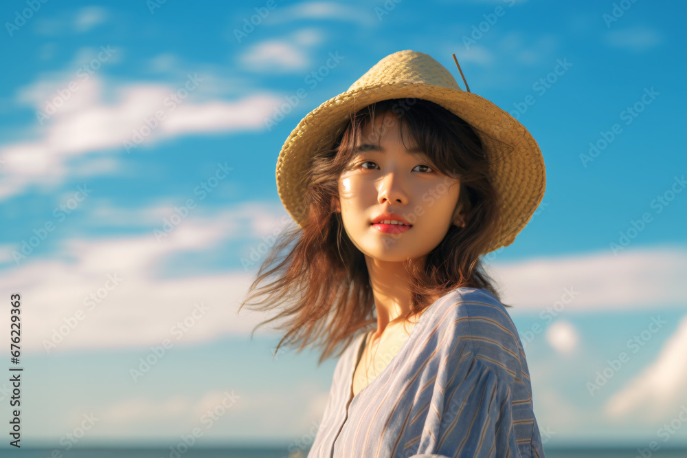 Woman enjoying summertime on beach with a stylish straw hat. Created with Generative AI technology