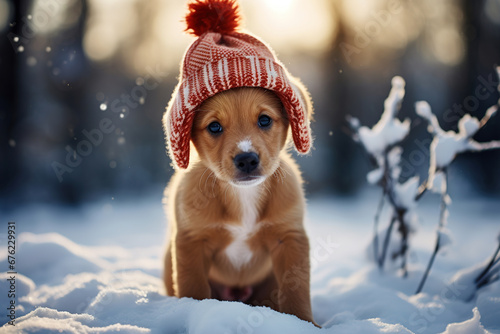 Sad cute puppy in a knitted warm hat sitting alone in a snowy forest on a winter day and looking at camera